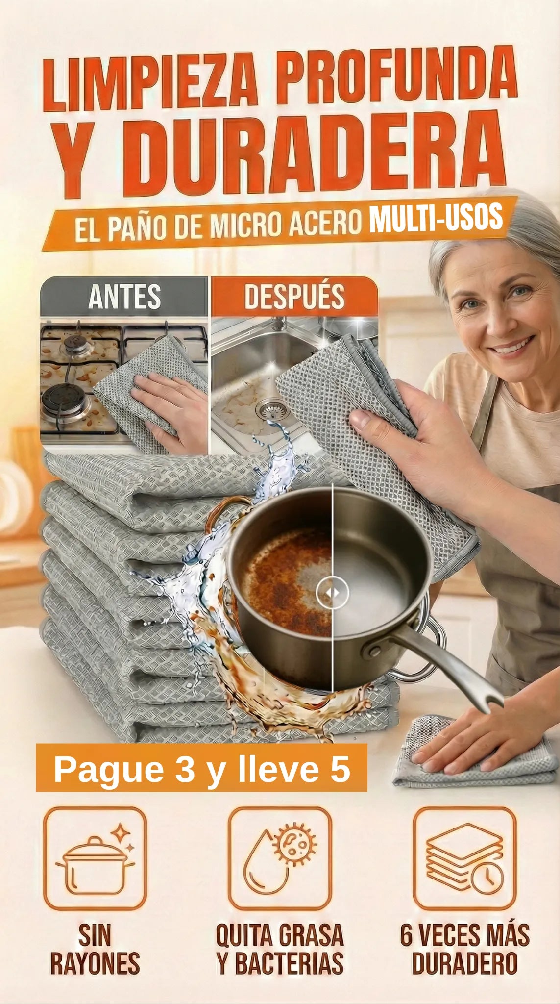5 Paños Micro Acero de cocina Multi-Usos