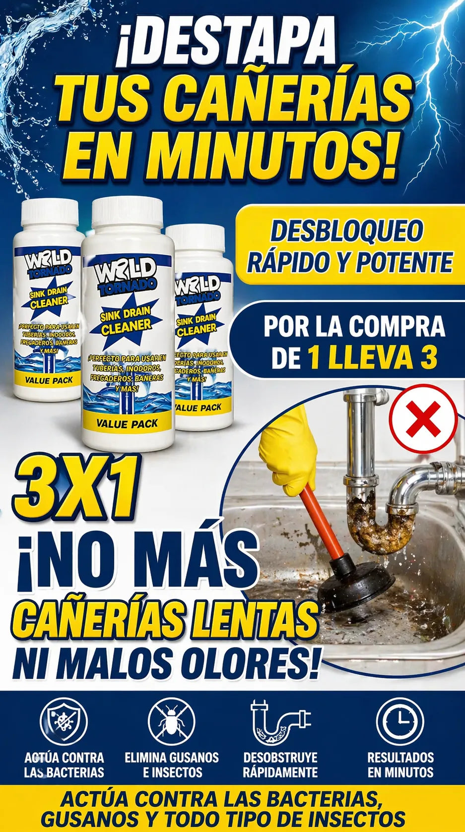 3 frascos de Wild Tornado/ Acción profunda contra atascos, bacterias y malos olores.